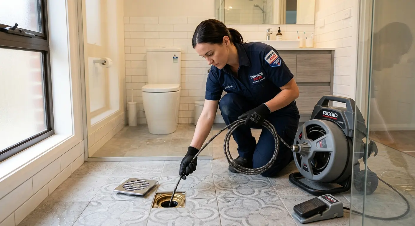 Technician clearing a bathroom floor drain for Hydro Jetting in Nottingham